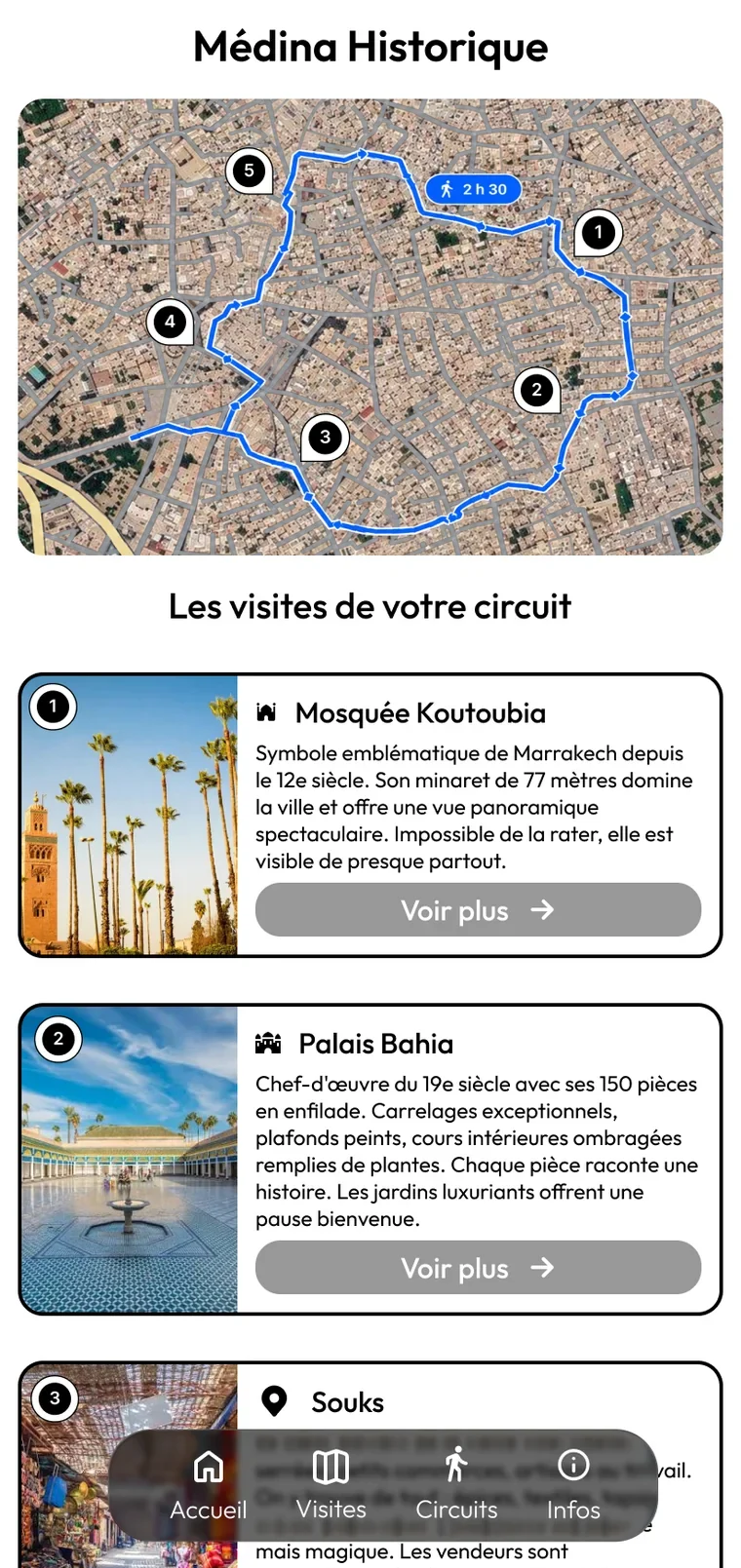 Détail d'un circuit : la carte du tracé avec les étapes numérotées, puis la liste des lieux du parcours, chacun avec sa photo et sa description.