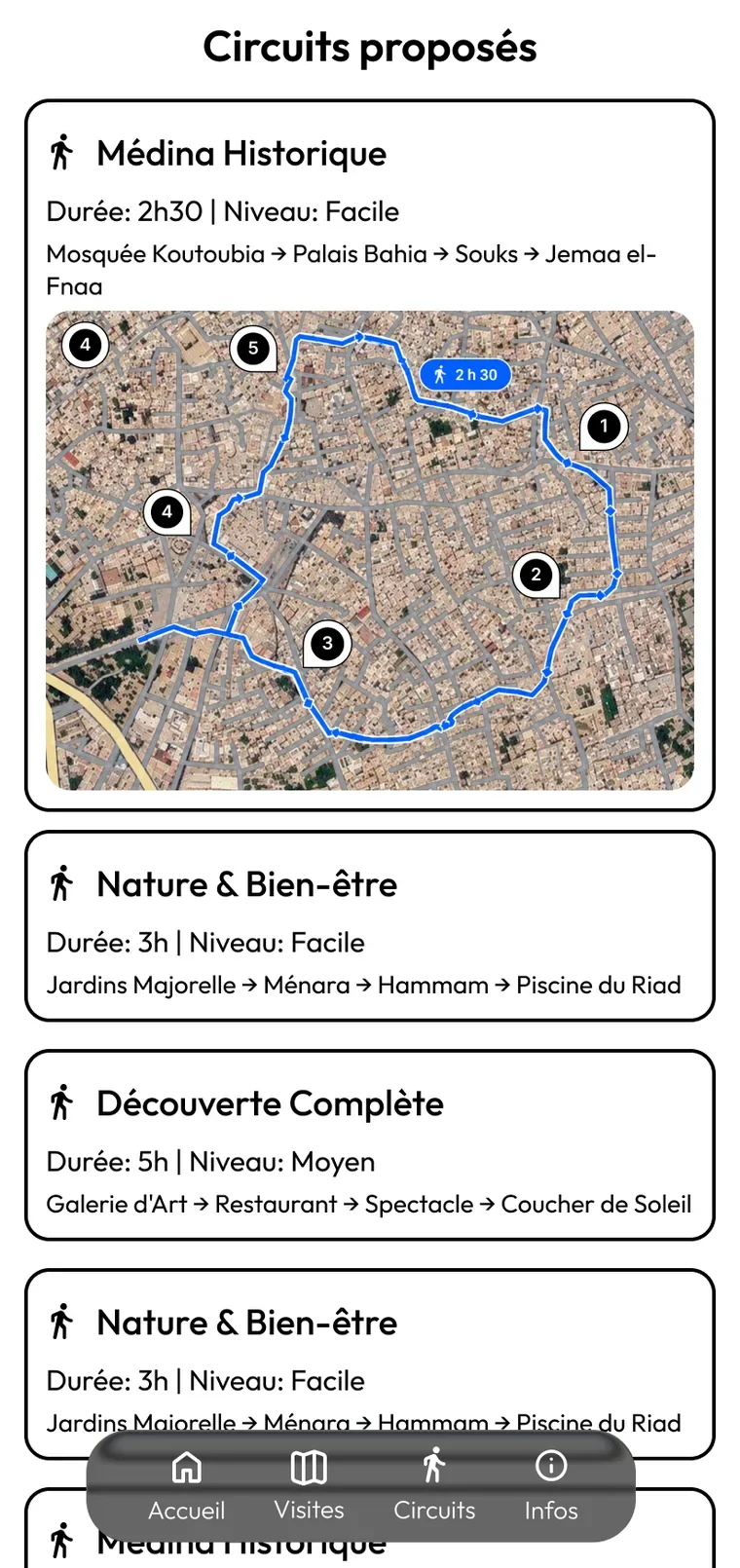 Écran Circuits : parcours proposés avec leur durée, leur niveau et leurs étapes, illustrés par une carte du tracé.