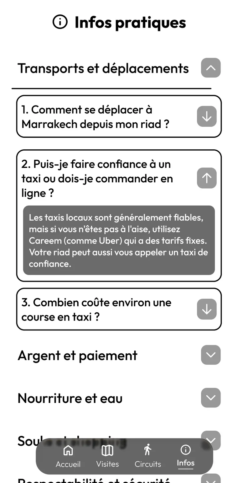 Écran Informations : rubriques dépliables sur les transports et l'argent, sous forme de questions-réponses.