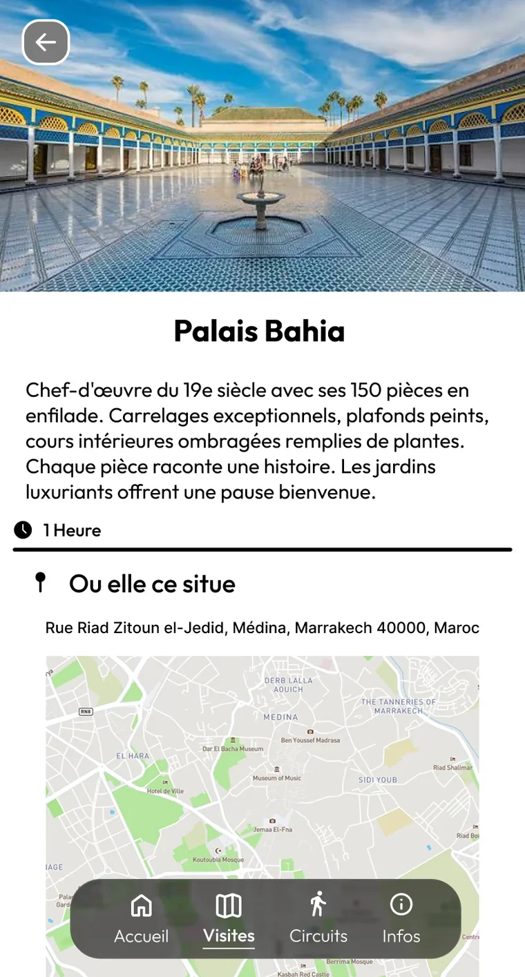Écran de détail d'un lieu : grande photo, description complète, durée et adresse.