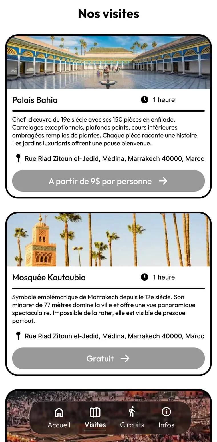 Écran Visites : cartes des lieux à voir, avec photo, durée de visite, description et tarif.