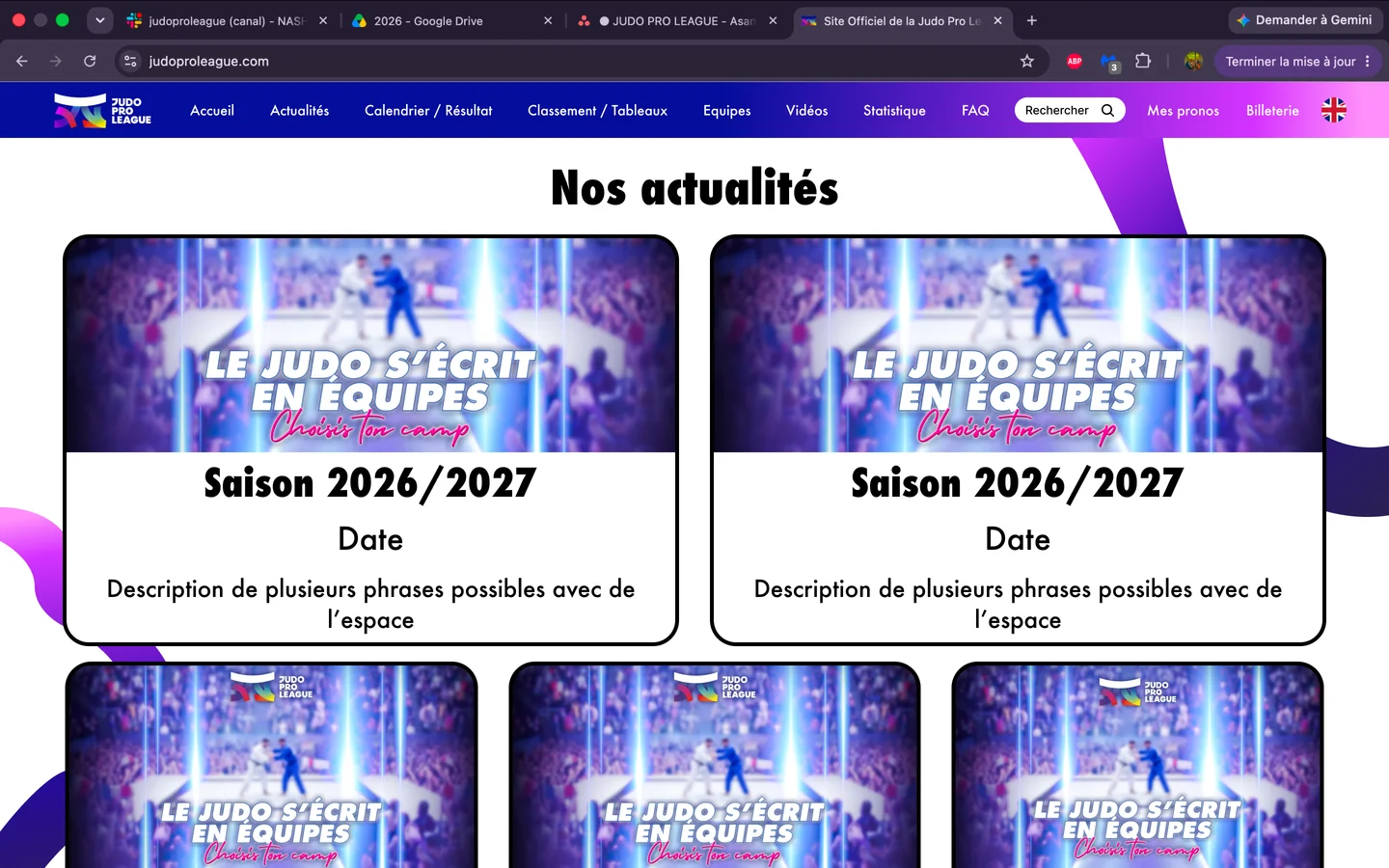 Page actualités refondue en desktop : les actualités présentées en cartes illustrées, groupées par saison.