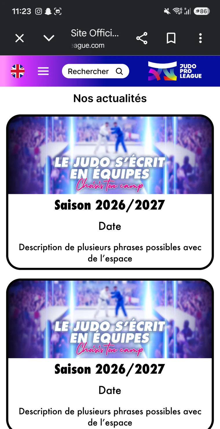 Page actualités refondue en mobile : les mêmes cartes empilées sur une colonne.
