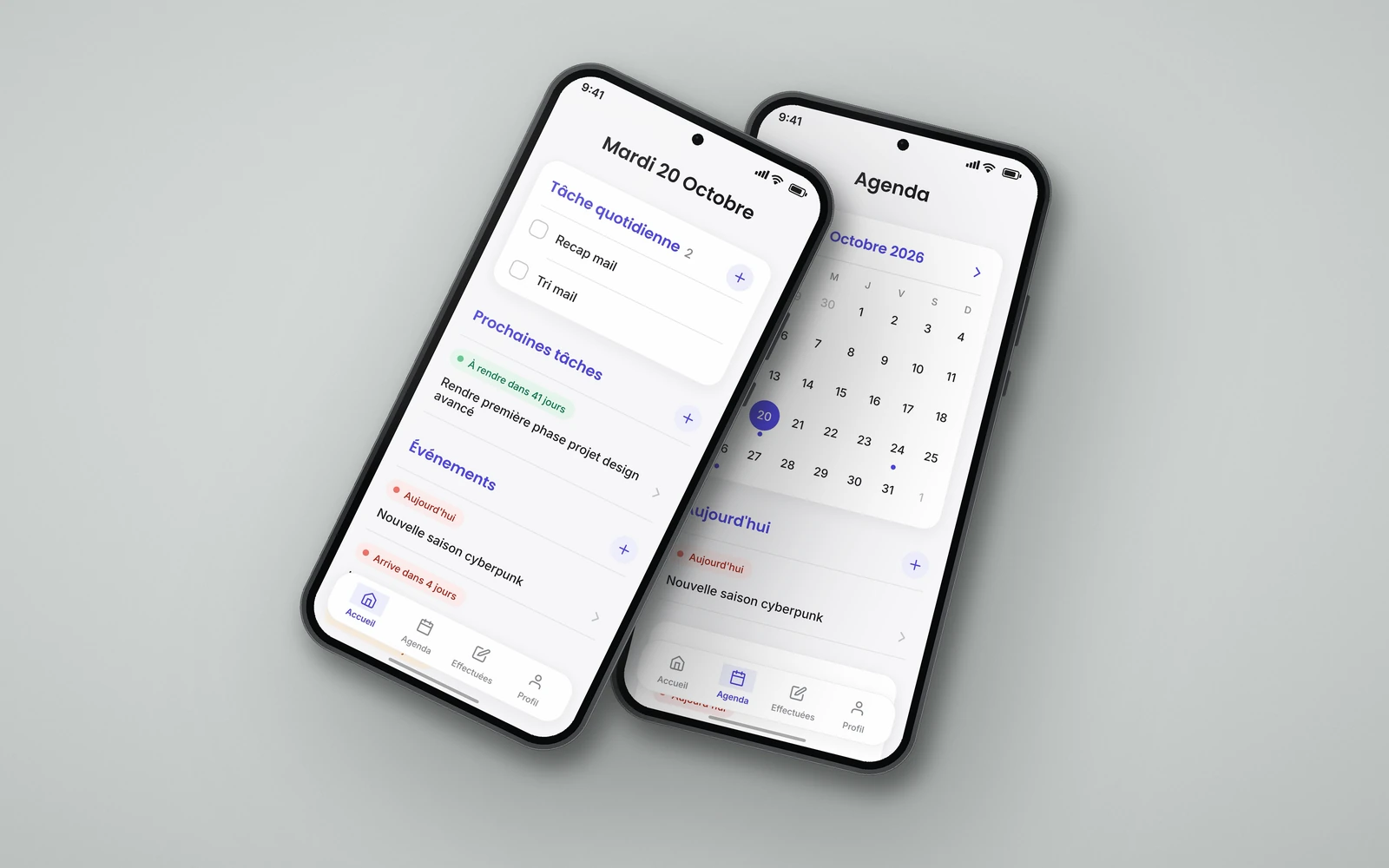 Deux téléphones posés à plat affichant l'accueil et l'agenda de l'application Mon Planning. Projet UX/UI d'Anakin Ponton.