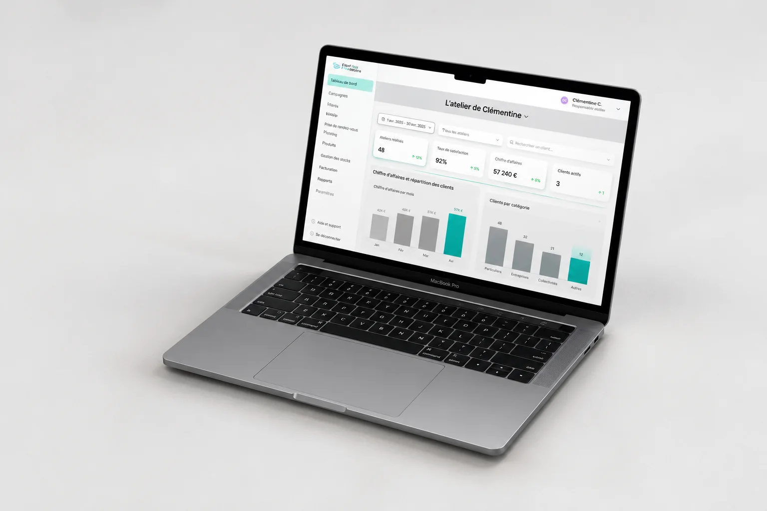 Le back-office refait, sur un ordinateur portable : le tableau de bord d'un restaurant, avec ses chiffres clés et ses graphiques de chiffre d'affaires. Projet UX/UI d'Anakin Ponton.