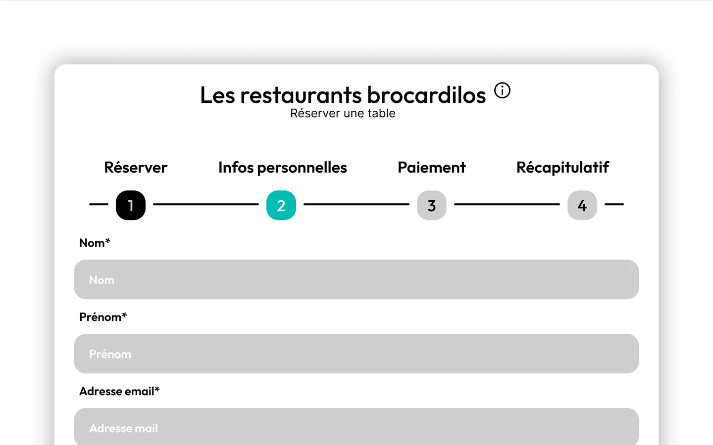 Deuxième étape de la réservation en desktop : nom, prénom, adresse e-mail et téléphone.