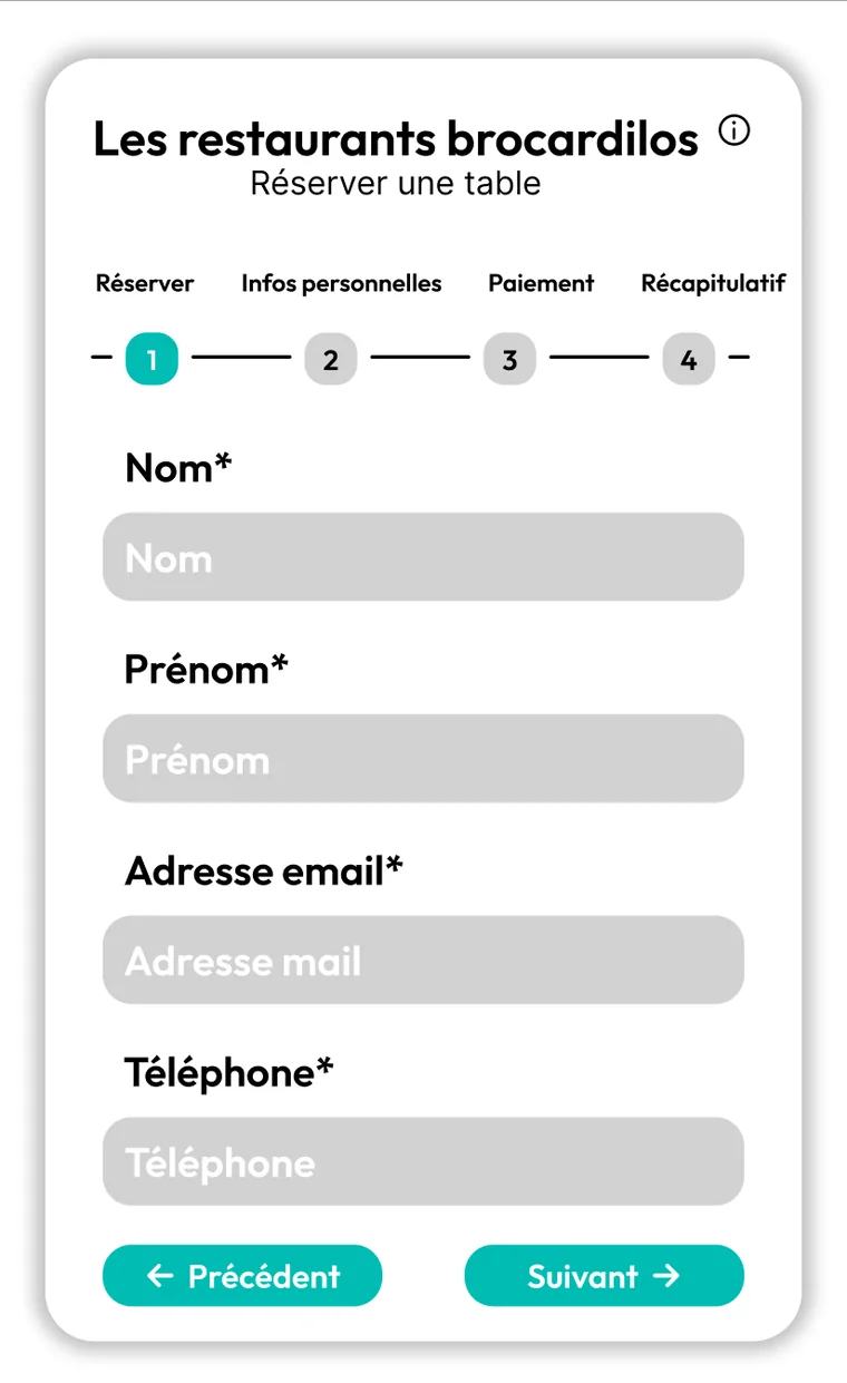 La même étape en mobile : nom, prénom, adresse e-mail et téléphone.