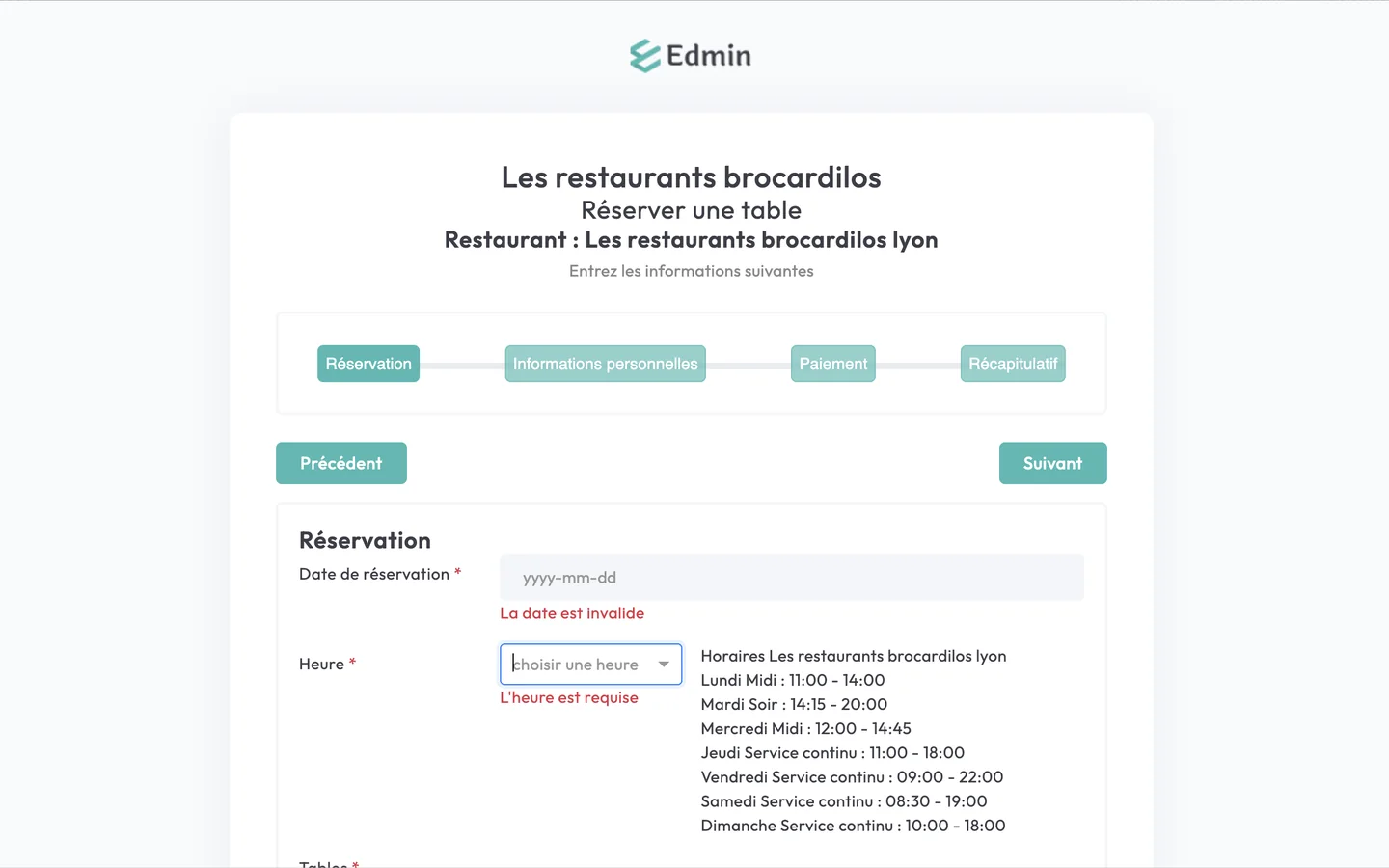 Avant : l'ancienne fenêtre de réservation, avec un champ date et un menu d'heures à côté de la liste des horaires du restaurant.