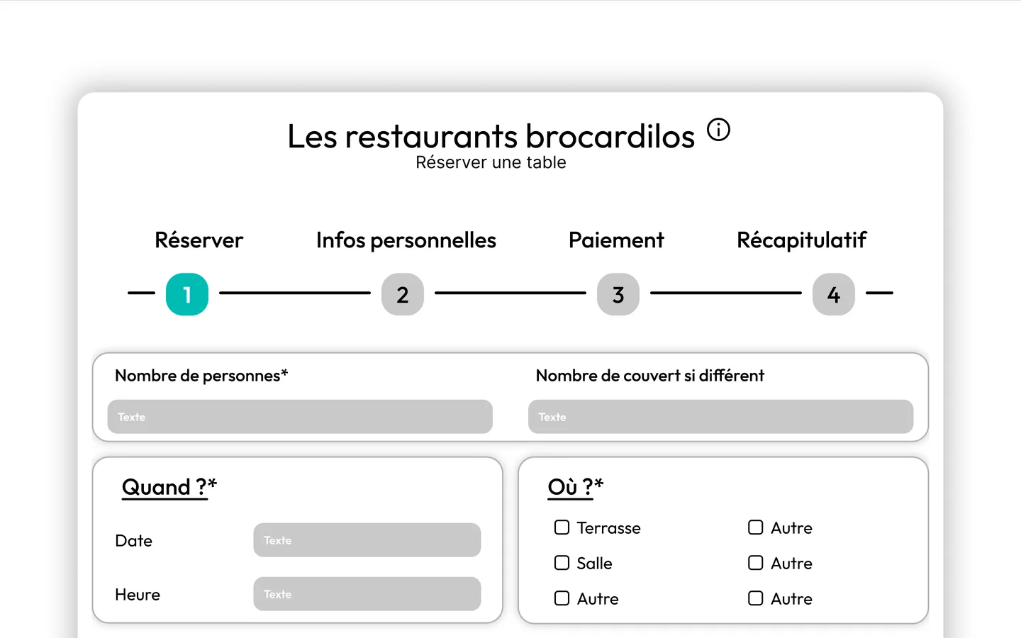 Après : la page de réservation en desktop, avec un indicateur en quatre étapes, puis le nombre de personnes, la date, l'heure et l'emplacement souhaité.