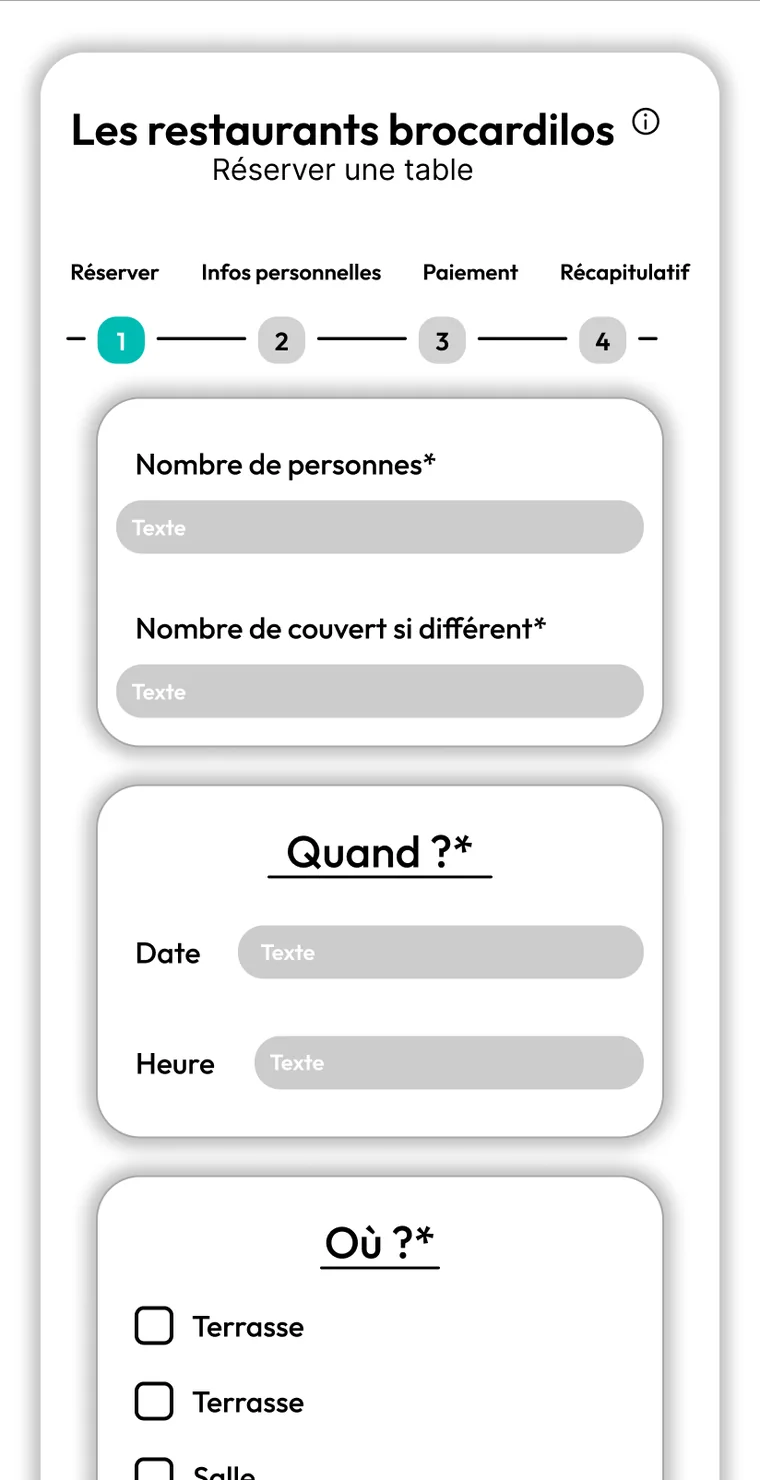 La page de réservation en mobile : nombre de personnes, date, heure et emplacement, les uns sous les autres.